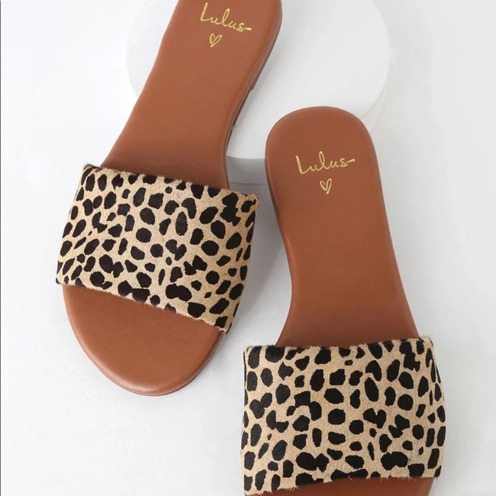 ✅SOLD: Lulus Tara Leopard Calf Hair Leather Slide Sandals
